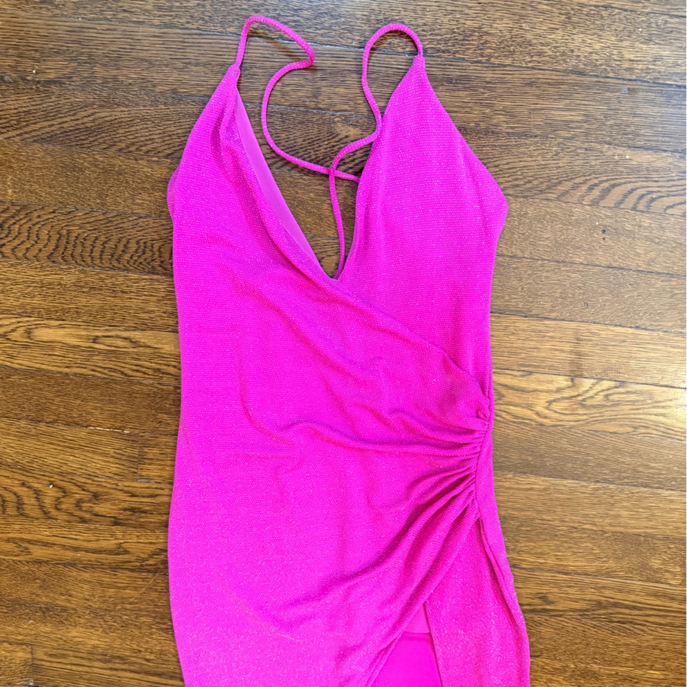 NBD Hot Pink Glitter Maxi Dress with High Leg Slit - Picture 4 of 12